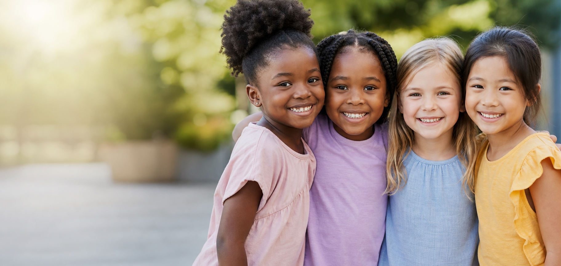 Four little girls from African American, Black, white, and Asian backgrounds smiling together with confidence and joy
