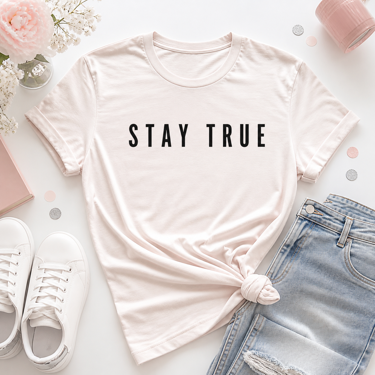 Stay True shirt styled with soft pink and silver accents